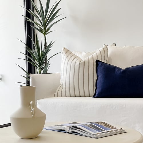 Lounge with blue cushion property styling