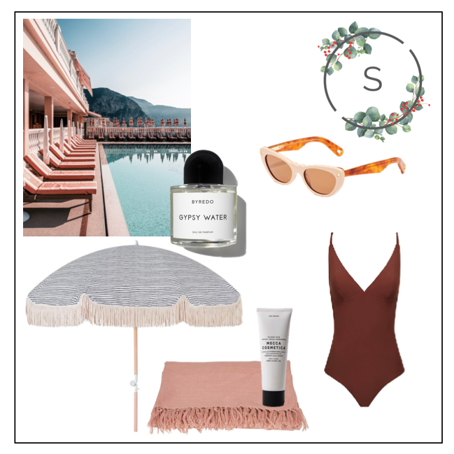 Artwork:  Stuart Cantor Photography , Perfume:  Byredo Gypsy Water , Sunglasses:  Lucy Folk , Swimsuit:  Matteau , Sunscreen:  Mecca To Save Face , Linen Towel:  Globe West , Beach Umbrella:  Sunday Supply Co .