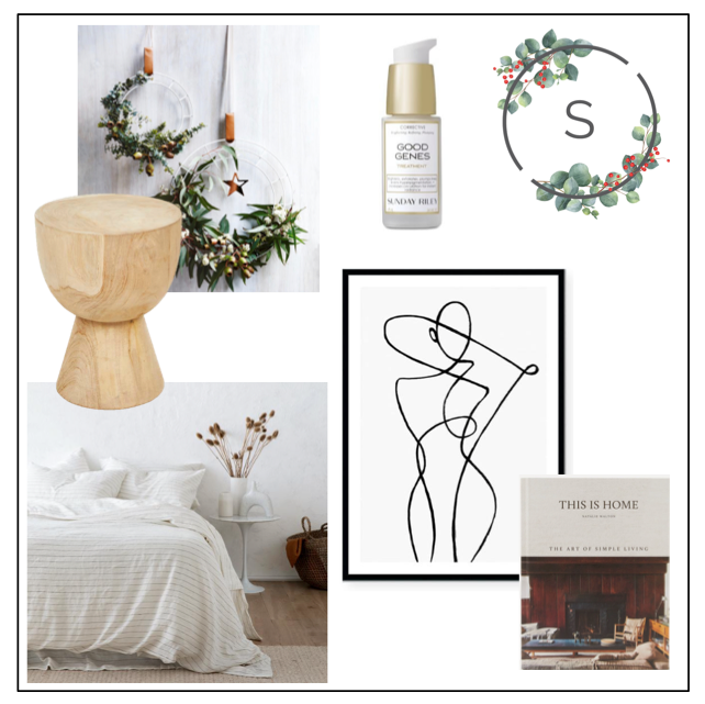 Christmas Wreaths:  Country Road , Sunday Riley Good Genes:  Mecca , Peytil Artwork:  The Art and Framing Company,   This is Home  by Natalie Walton:  Dymocks , Bed Linen:  Cultiver , Timber Stool:  Globe West