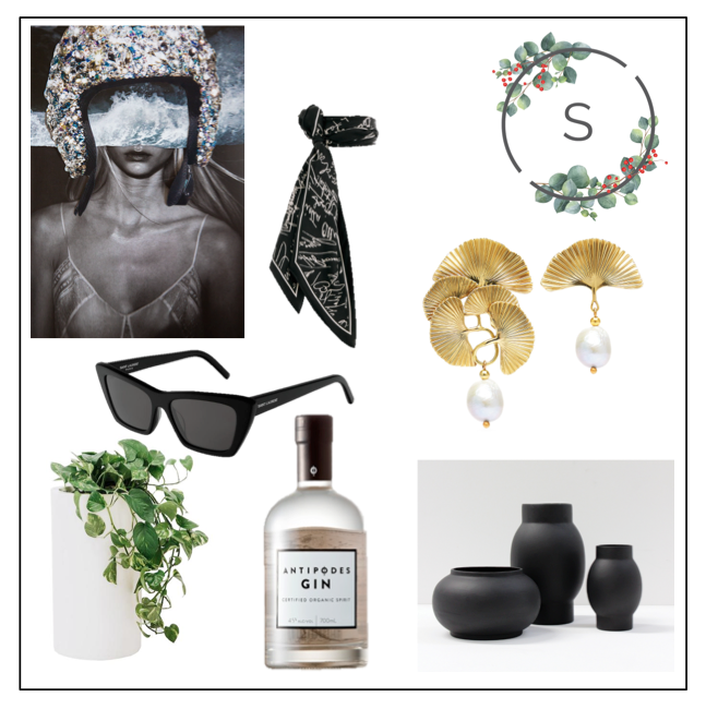 Artwork:  Dina Broadhurst , Printed Scarf:  Zimmerman,  Earrings:  Aje , Vases:  Papaya , Gin:  The Antipodes Gin Co , Cylinder Pot:  Ur Place , Sunglasses:  Celine .